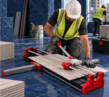 Construction professional wearing a hard hat, gloves, and a high-visibility vest operating a precision tile cutting machine on a large tile at a modern construction site, with ceramic tiles and tools nearby.