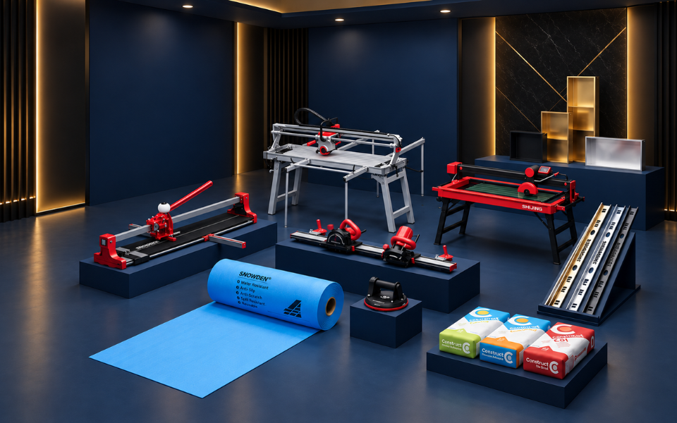 Premium Building Materials & Reliable Supply Solutions featuring high-quality construction tools, precision cutting equipment, metal profiles, insulation materials, and essential building supplies displayed in a modern showroom.