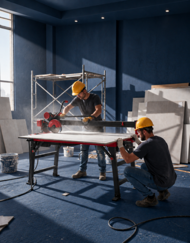 Workers using a tile cutting machine to cut large-format tiles in a professional workshop.