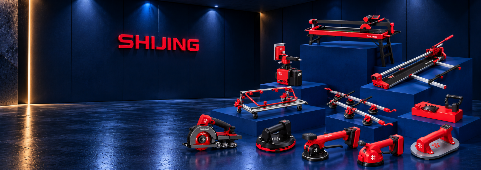 A collection of Shijing tile cutting machines and professional tile installation tools in red and black, displayed on blue platforms in a modern showroom with illuminated SHIJING signage on the back wall.