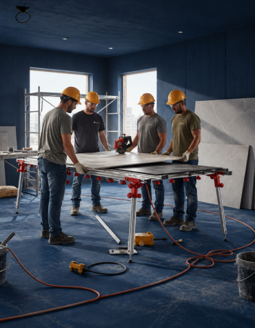 Tile installers using cutting tools and accessories to measure, handle, and prepare large-format tiles.