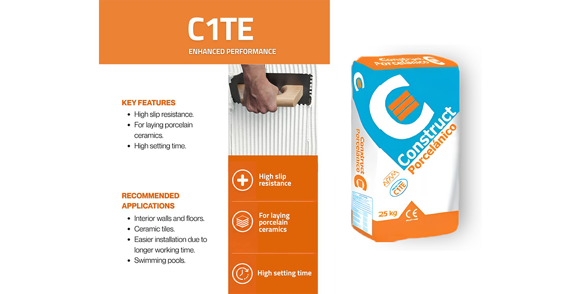 Tile Glue Manufacturer Guidelines – C1TE Enhanced Performance Tile glue manufacturer guidelines showing C1TE enhanced-performance tile adhesive for porcelain ceramics