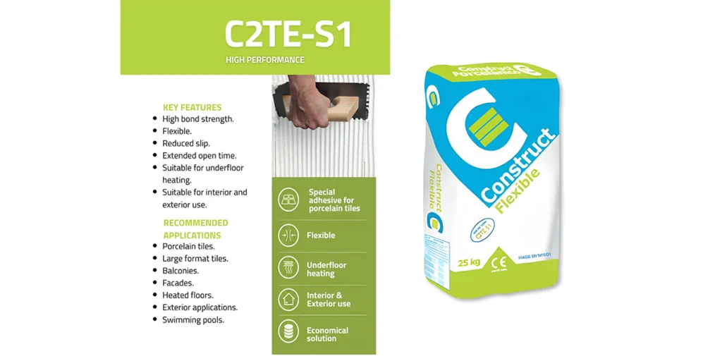 Tile glue manufacturer guidelines showing C2TE-S1 flexible adhesive for porcelain tiles and underfloor heating