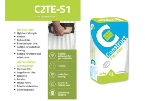 Tile glue manufacturer guidelines showing C2TE-S1 flexible adhesive for porcelain tiles and underfloor heating