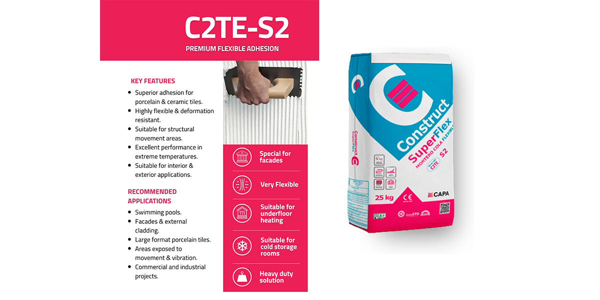 Tile Glue Manufacturer Guidelines – C2TE-S2 Premium Flexible Adhesive Tile glue manufacturer guidelines showing C2TE-S2 premium flexible adhesive for large-format porcelain tiles and facades