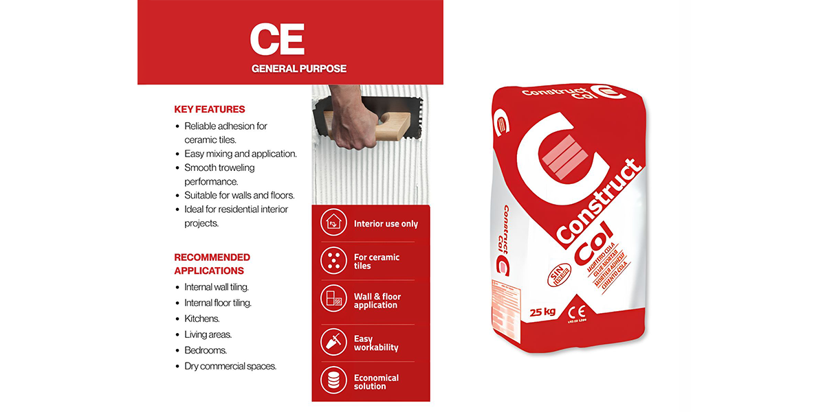 Tile Glue Manufacturer Guidelines – CE General Purpose Adhesive Tile glue manufacturer guidelines showing CE general-purpose adhesive for interior ceramic wall and floor tiles