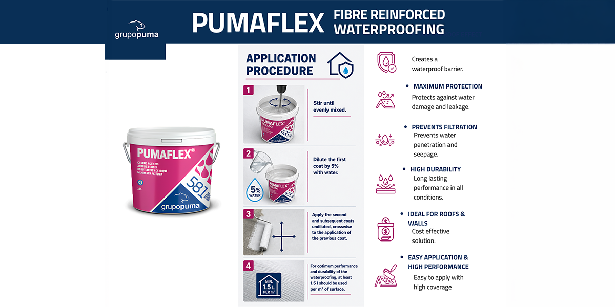 Waterproofing material suppliers offering Pumaflex fibre reinforced waterproofing material with application instructions